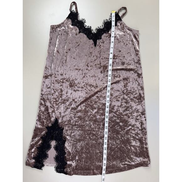 VTG Y2K Wishlist Crushed Velvet Chemise Dress Small Brown Black Lace Trim Retro - Picture 7 of 12